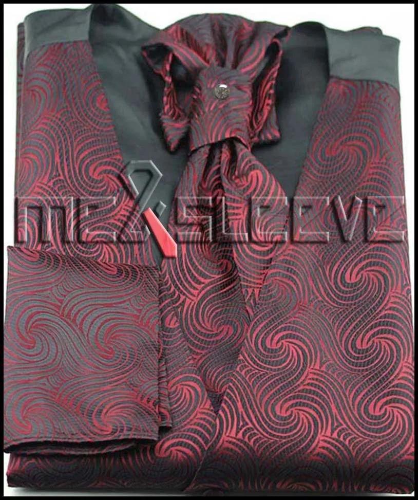 hot sale new arrive formal wear red swirl waistcoat vest ascot tie cuflink handkerchief 