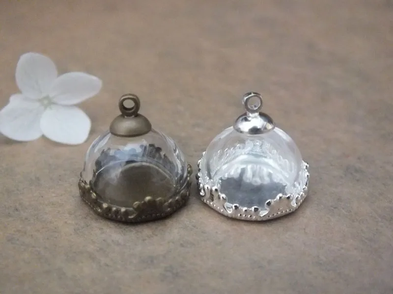 

5sets/lot 15mm glass dome setting base&crown cap( bronze/silver )color set glass globe necklace pendant glass vial pendant