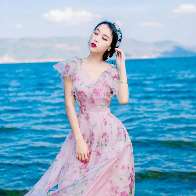 

High Quality 2019 New Women Fashion Dresses Floral Dress V-neck Butterfly Sleeve Slit Sexy Beach Long Dress Robe Vestidos