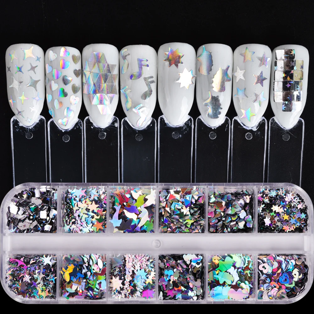 1 مجموعة هولو 3D مسمار الفن بريق الترتر رقائق شريحة متعددة شكل جولة/القلب/ستار/فراشة يتلألأ مانيكير ديكور نصائح JIA16