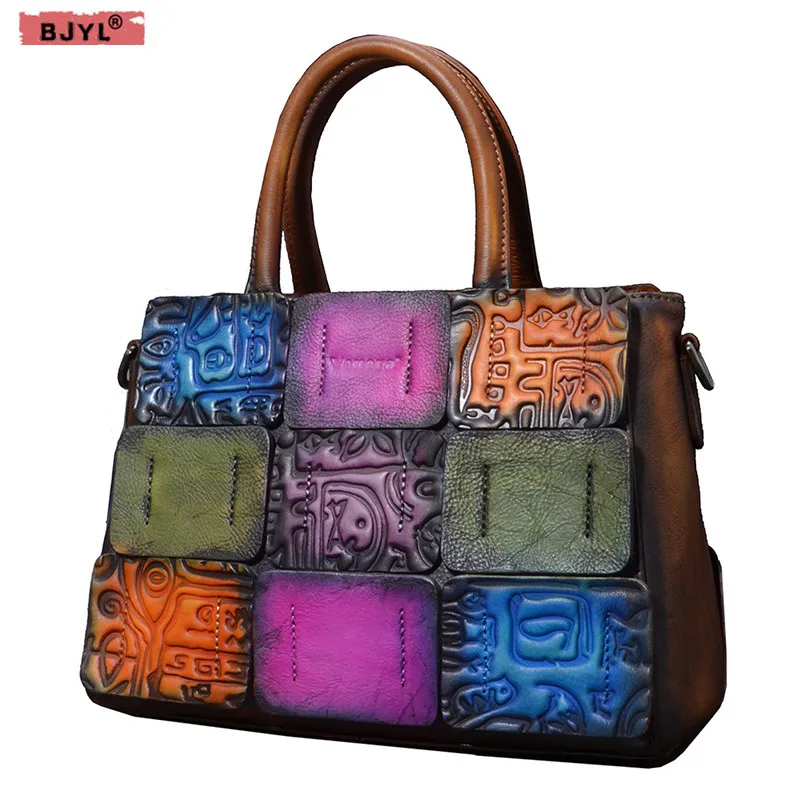 

BJYL 2018 New Genuine leather Women handbags first layer leather female shoulder bag luxury fashion contrast color Messenger bag