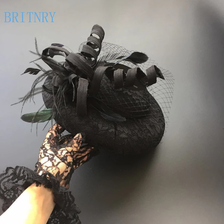 

BRITNRY Beautiful Wedding Hat Black Lace Feather with Tulle Fascinators for Women Elegant High Quality Bridal Accessories