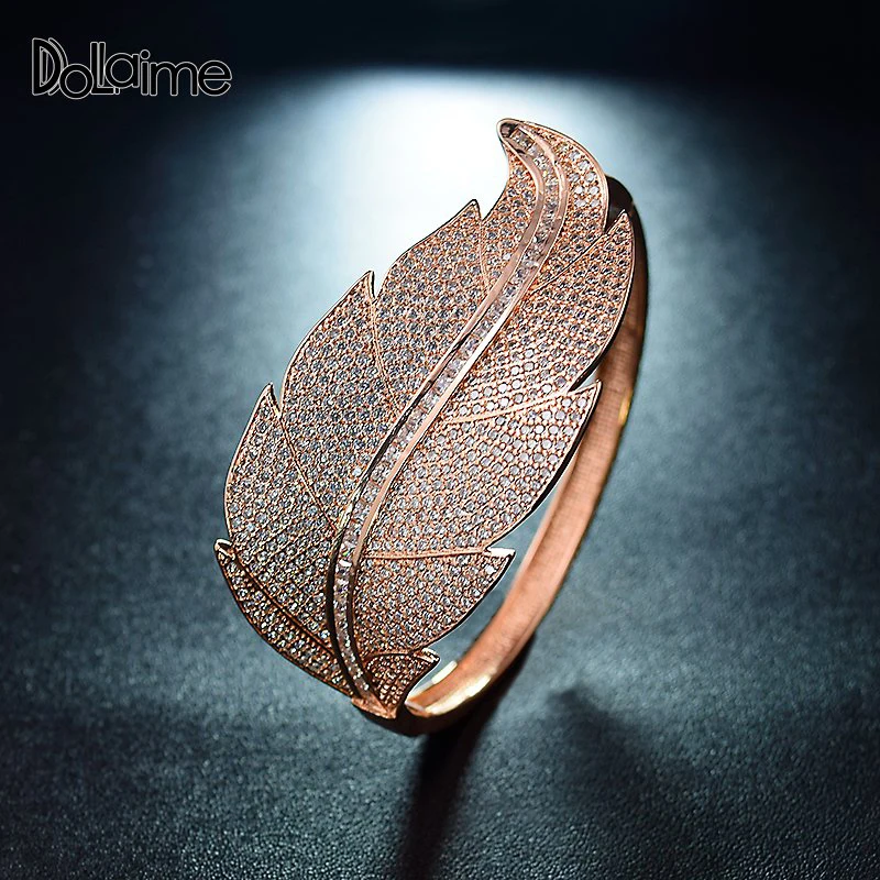 

Dolaime Rose Gold color Leaf Bracelets & Bangles With Stones Luxury Crystal Bracelets For Women Wedding Jewelry
