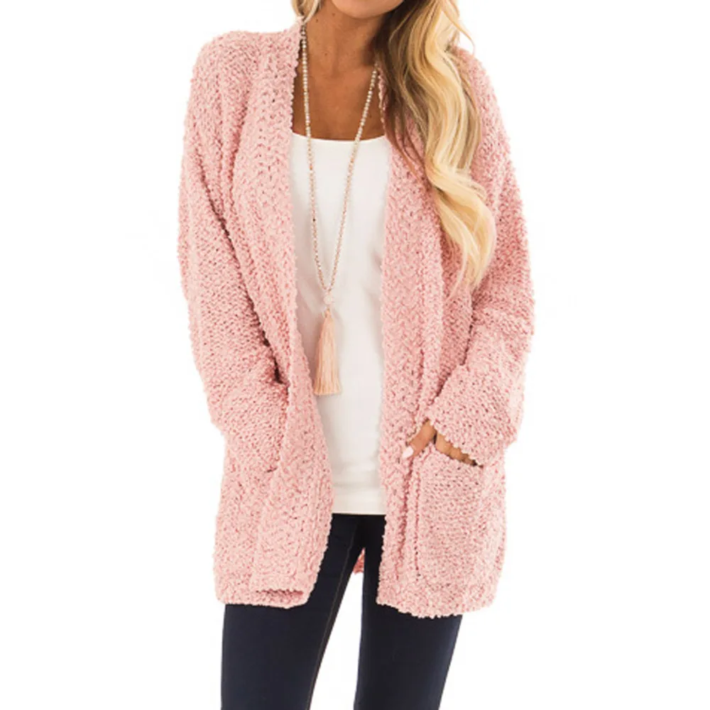 

Winter Women Fleece Long Sleeve Open Front with Pockets Woolen Sweater Coat Jacket Cardigan Pink Color Daily,Casual