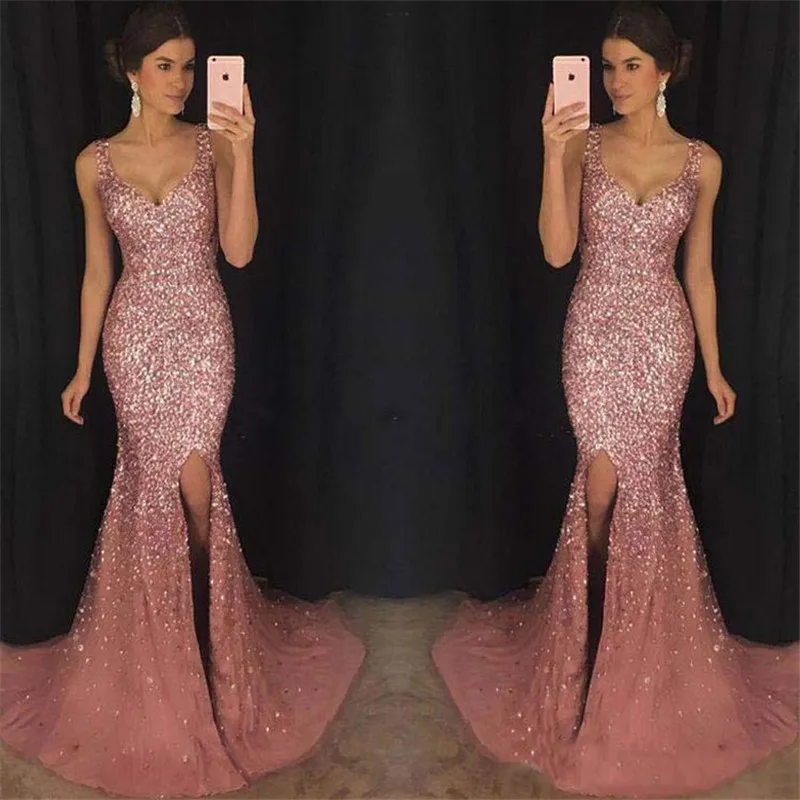 Summer Dress Women Sequin Prom Party Sexy Gold Evening Party High Waist V Neck Long Bodycon Split Dress For Female