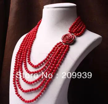 

huij 00138 6-7mm red coral bead beaded multi 5 row carved rose flower silver necklace discount 40%