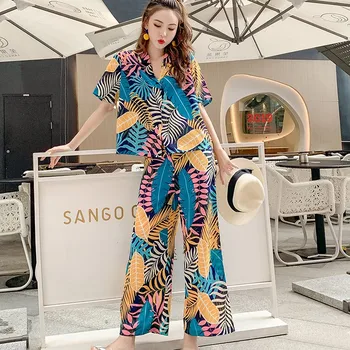 

Women's Chiffon Fashion Leaf Print Shirt And Trousers Leg Set 2019 New Top Fashion Two Piece Set In Women's Set