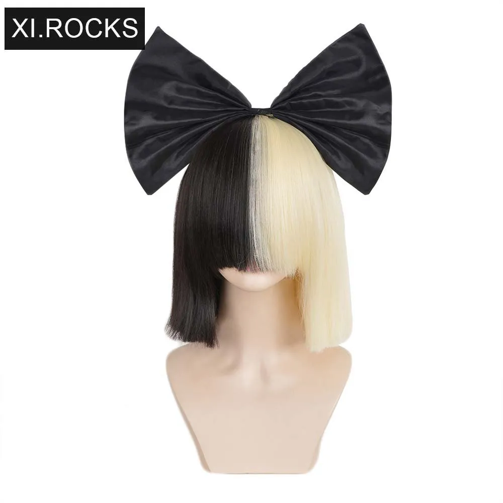 

3494 Xi.rocks Short Ombre Hair Wigs For Women Straight SIA Wig Cosplay Black Blonde Bob Wigs with bangs Synthetic false hair