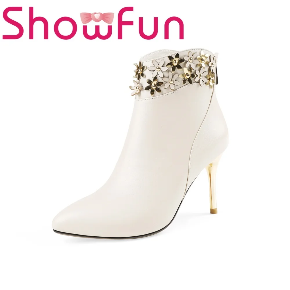 

Showfun genuine leather shoes woman winter solid ankle pointed toe zipper floral short plush thin heel boots