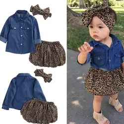 3 шт. для маленьких девочек Джинсовая рубашка + леопардовая юбка + повязка на голову, детская одежда комплект 88 NSV775