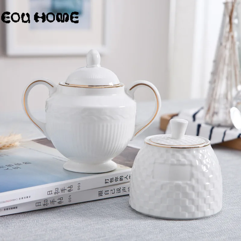 

European Creative Ceramic Coffee Sugar Bowl Emboss Design Seasoning Jar Condiment Pot Spice Container Canister Cruet with Lid