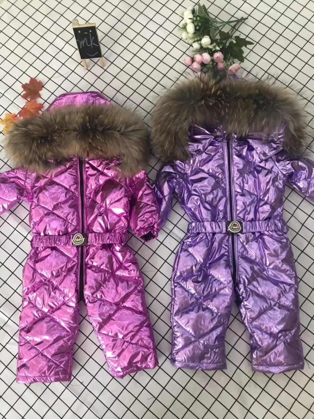 70cm-150cm Real fur hooded baby outergoing Winter children jumpsuit snow suit girl down boy Baby coveralls ski suit