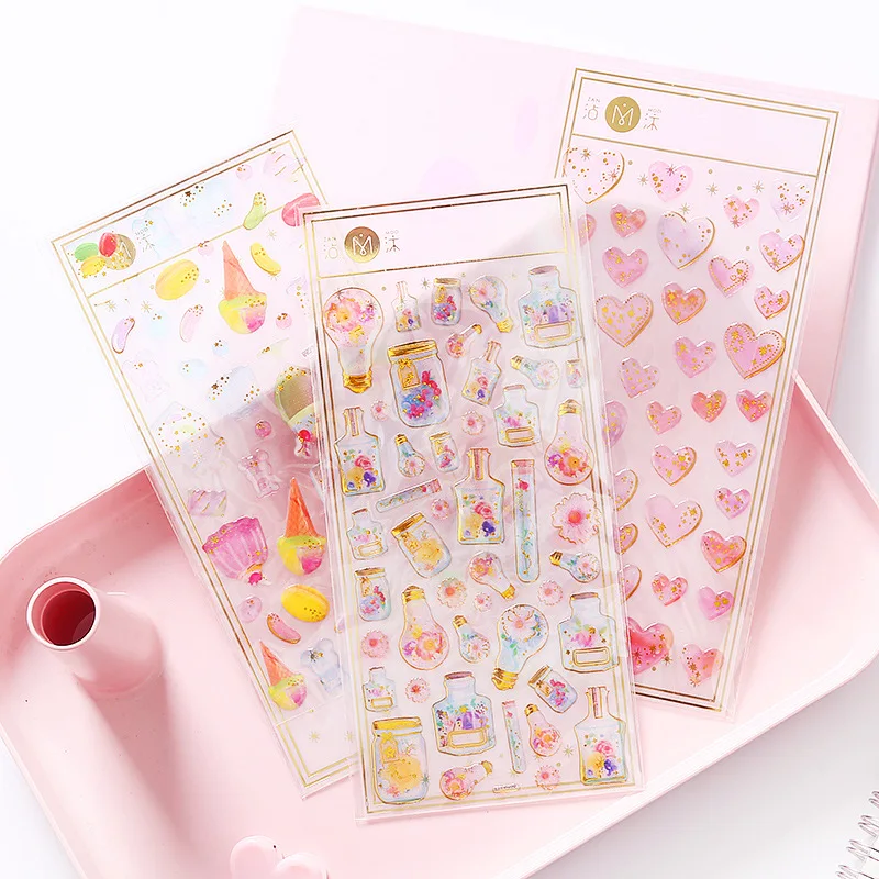 

Kawaii 3D Gold Transparent Cat Heart Stickers Bullet Journal Cute Handmade Decorative Scrapbooking Sticker Korean Stationery