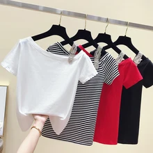 Gkfnmt Женская летняя футболка в Корейском стиле с вырезом лодочкой, футболка с коротким рукавом, хлопковые топы, футболка, женская одежда