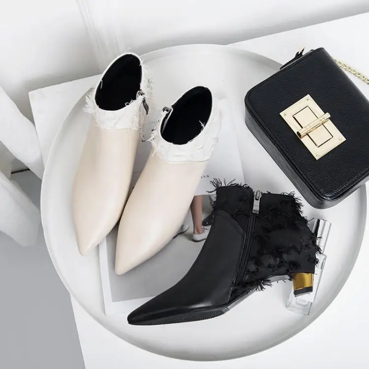 

Fashion Patchwork Leather Hollow Retro Cloth Ankle Boots For Women Chic Pointed Toe High Heels Shoes Woman Side Zipper Botas