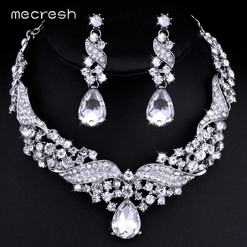 Mecresh Crystal Bridal Jewelry Sets Water Drop Earrings Necklace for Women Silver color Rhinestone Wedding Jewelry