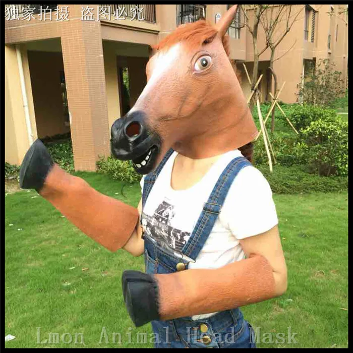

Hot!! Halloween Props Adult Horse Head Masks and Horse Hooves Gloves Animal Latex Masks Birthday Party Rubber Silicone Face Mask