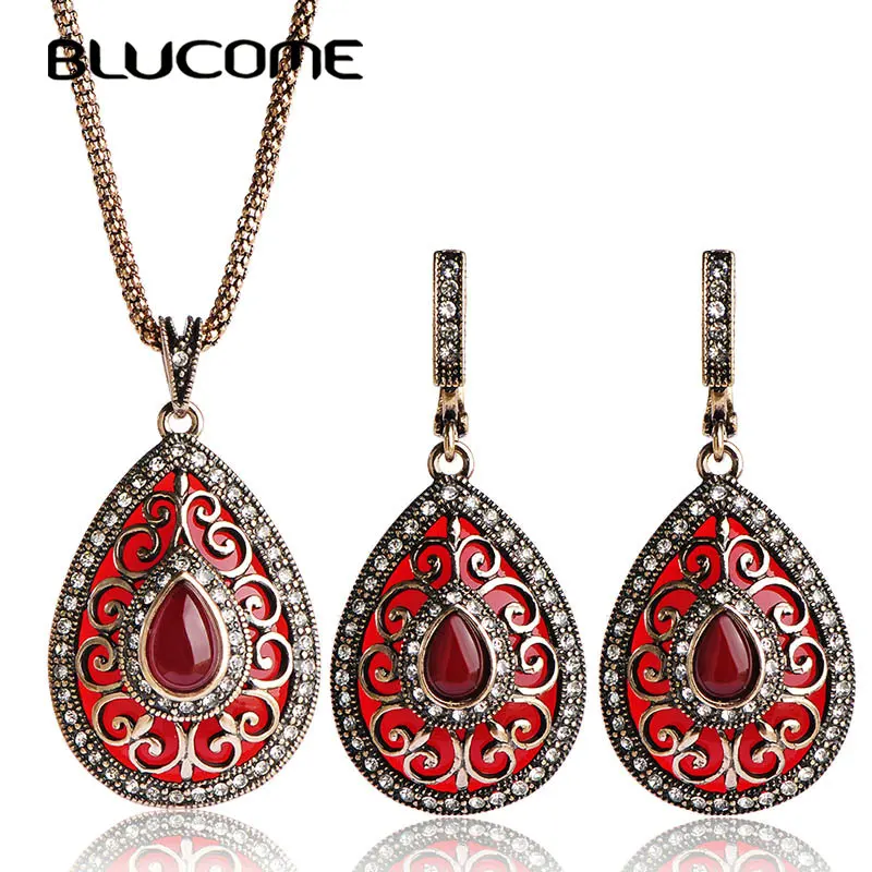 

Blucome New Acrylic Pendant Necklace Earrings Jewelry Set Water Drop Vintage Resin Party Wedding Accessories For Women Best Gift
