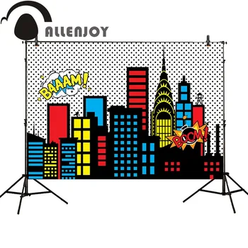 

Allenjoy photography backdrop superhero cartoon building black dots children boom background photo studio photobooth