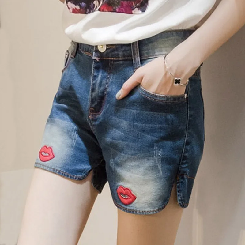 

Summer Jeans Lips Decorated Women Shorts Denim Plus Size XL-5XL Lady Short Pants Wash Trousers 2016 New Fashion Hot Sale
