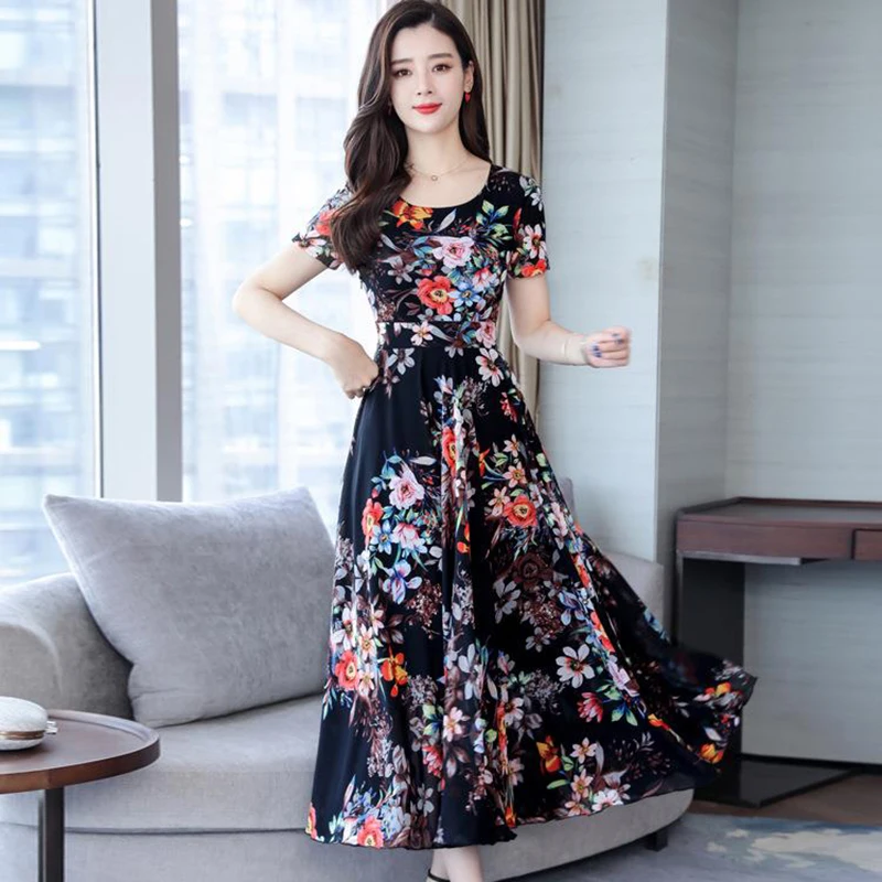 Женское свободное приталенное длинное платье с коротким рукавом модное платье Летнее цветочное платье