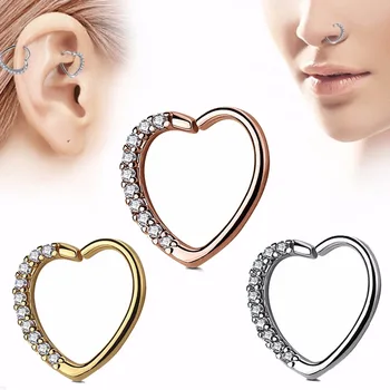 BOG-Lot 1PC Brass Ear Tragus Cartilage Earring with Press Fit Zircon CZ Heart Hoop Daith Piercing Ear Cartilage Piercing Jewelry