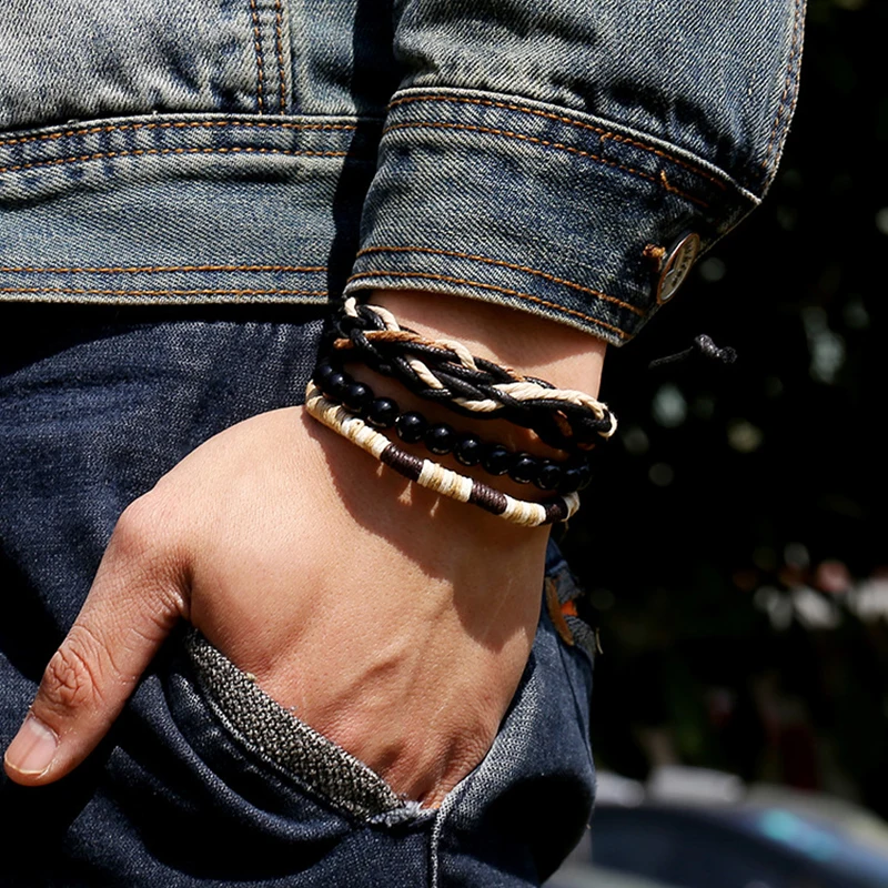 Qevila 3pcs Vintage Charm Multilayer Braided Bracelet Handmade Braided Bead Bracelet Bangle for Women Men Bracelet Jewerly Gift (4)