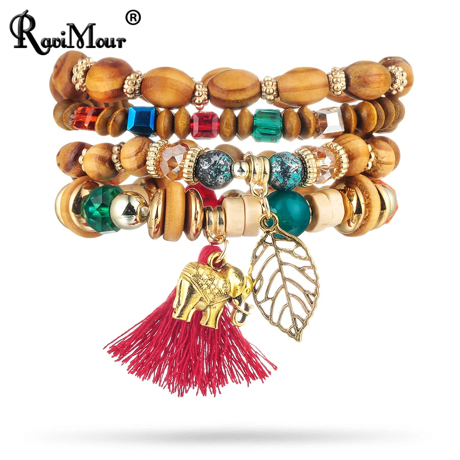 

RAVIMOUR Pulseira Feminina Wood Charms Bracelets Femme Vintage Elephant Leaf Elastic Crystal Wrap Bracelets & Bangles Jewellery