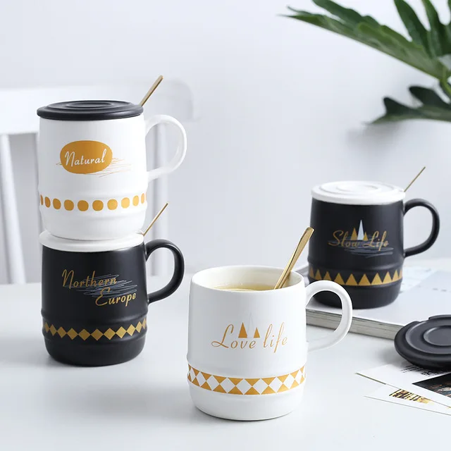 

400ML Creative Coffee Cups Ceramics Nordic Style Gold Handgrip Mugs with Lid Spoon Home Breakfast Milk Cup Mug