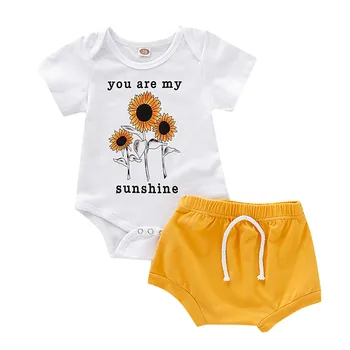 

Toddler Girls Clothes Summer New Boy Girls' Clothing Sets Letter Sunflower Romper Casual Tops+ Solid Shorts 2PC Clothes Set