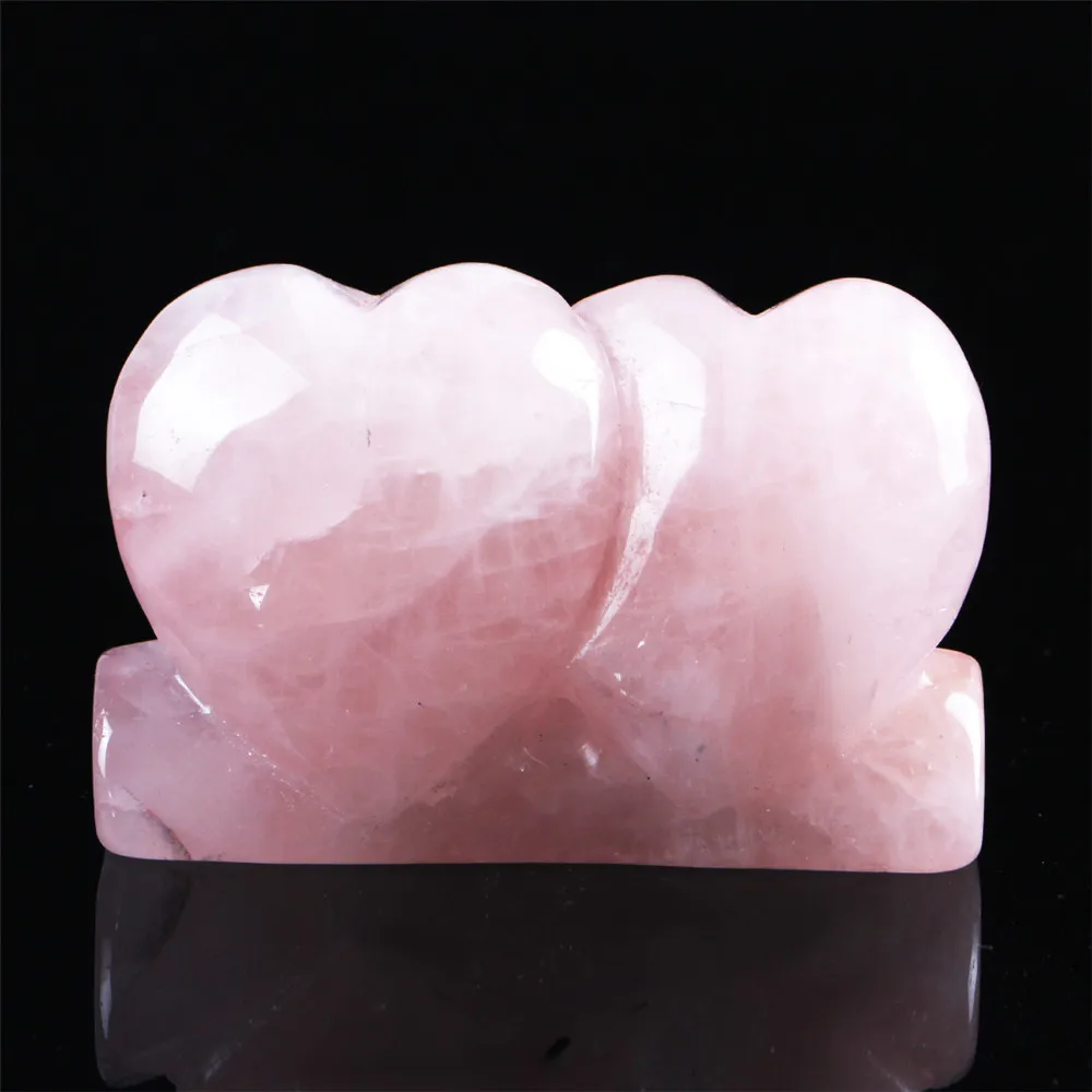 

Double Heart Shape Natural Stone Carving Love PINK Crystal Carved Chakra Healing Rose Quartzs Reiki LOVER GIFT Free pouch