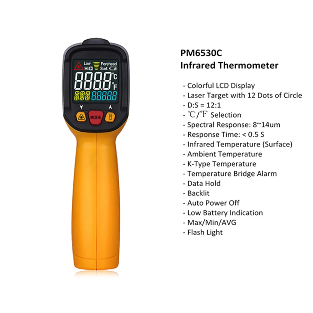 PEAKMETER PM6530C Бесконтактный цифровой инфракрасный термометр цветной дисплей с