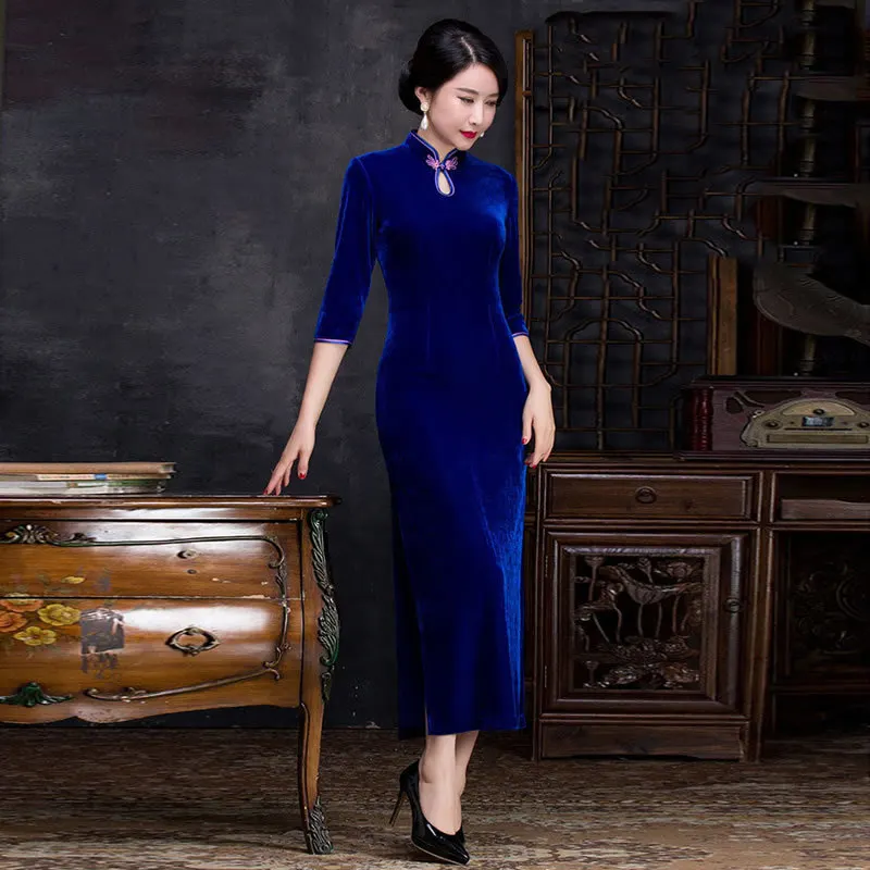 Blue Velvet Long Sleeve Cheongsam Woman Elegant Chinese Dress Qipao Oriental Dresses Vintage