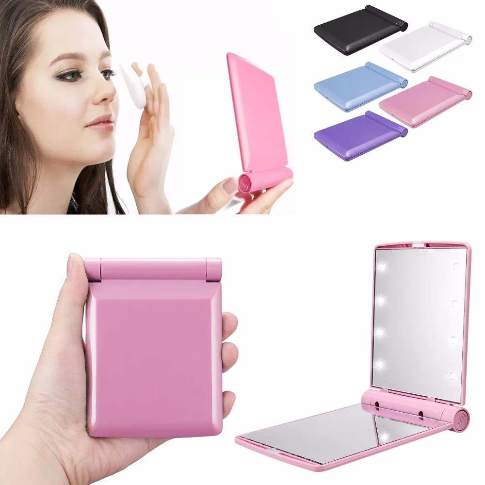 Makeup Cosmetic Folding Portable Compact Pocket Mirror with 8 LED Lights Lamps Do not Come with Battery 5pcs/lot P166