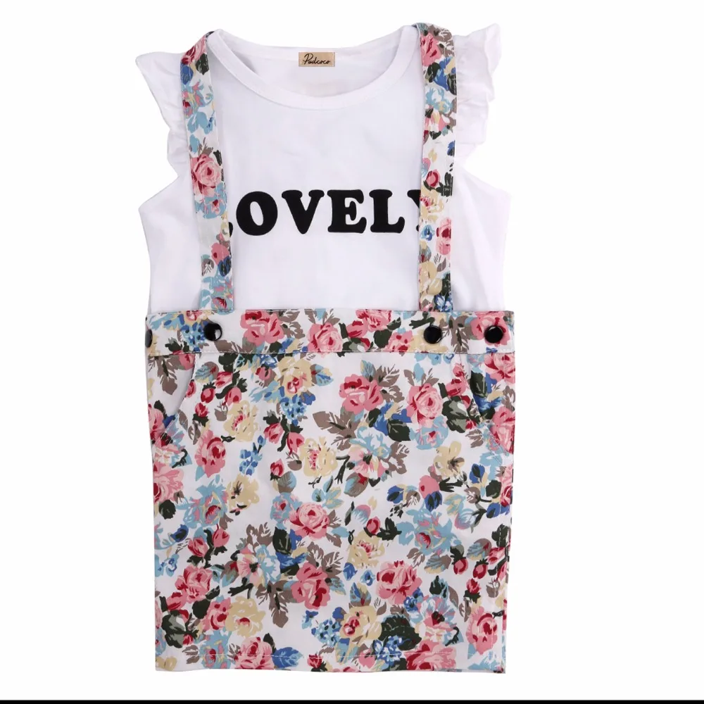 2pcs Ruffles Girl Outfits Set 2017 New Casual Kids Girls Tops T shirt + Floral Braces Skirt