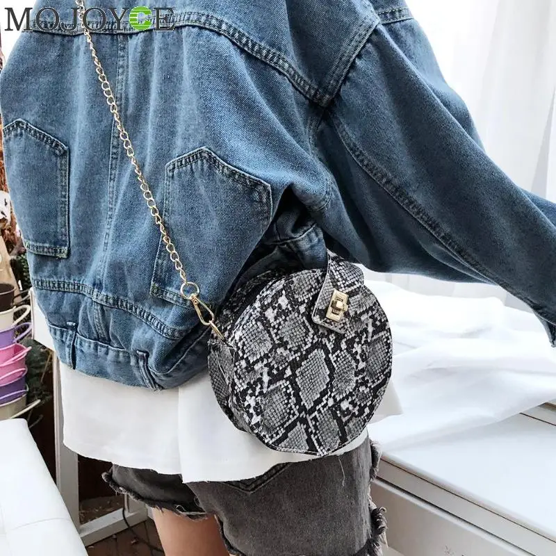 Retro Serpentine Chain Round Bag Women Handbags Printed Small PU Leather Shoulder Crossbody Bags Female Messenger Bag