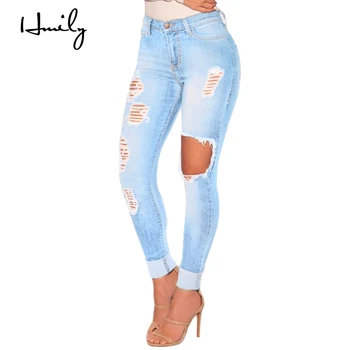 

HMILY Jeans Denim Hole Female High Waist denim jeans womens Stretch Slim Sexy Pencil Pants Destroy Cotton Jeans Long Pant Ladies