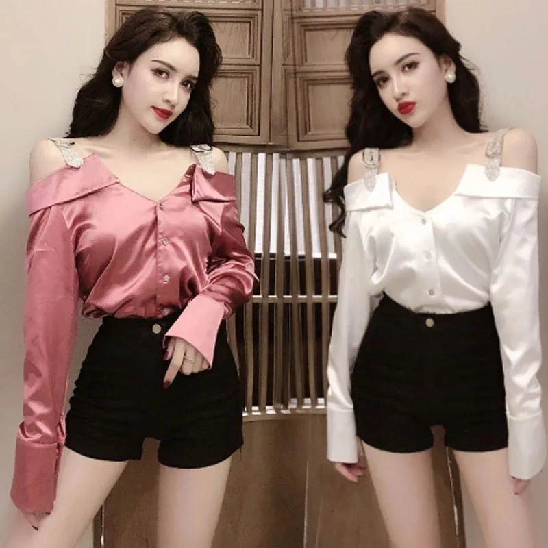 

2019 Spring Summer Fashion Streetwear Sexy Diamonds Strap Satin Blouse Women Long Sleeve Blusas Office Lady Shirt Tops