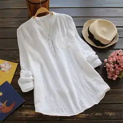 Новая Винтажная хлопковая льняная блузка с круглым вырезом, повседневные свободные женские рубашки, осенние Рубашки с длинным рукавом и