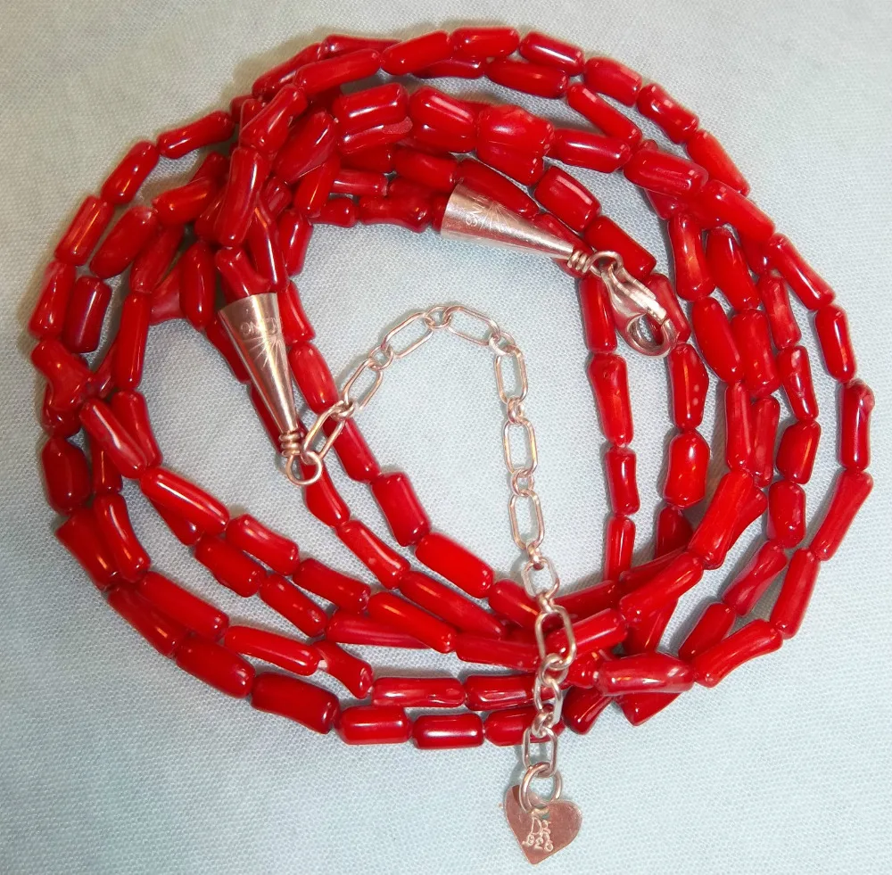 

0946 KING RED CORAL TRIPLE STRAND NECKLACE STERLING