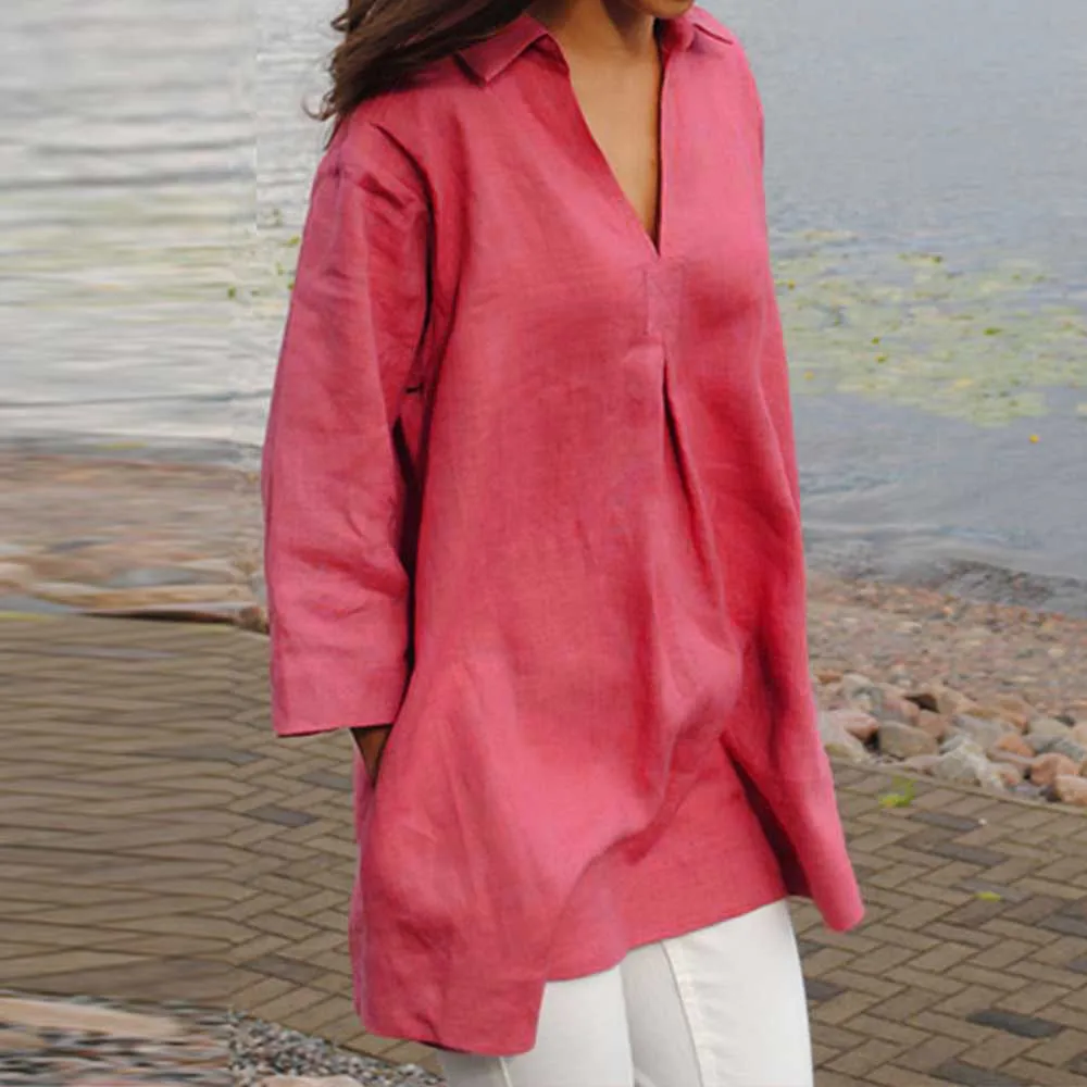 

MUQGEW Women Autumn Solid Casual Loose V Neck Tops Wrist Sleeve Shirts #4