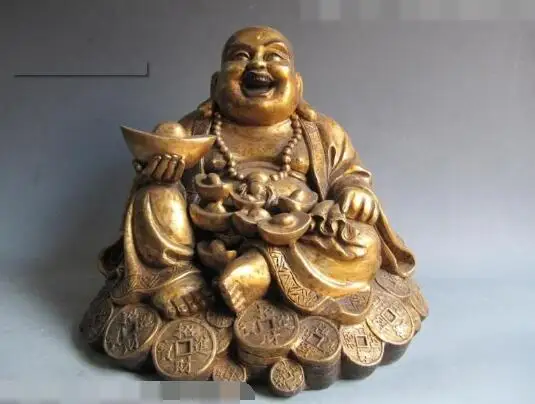 

S5404 12"Chinese Buddhism Copper Bronze Lucky Happy coin Money Maitreya Buddha statue