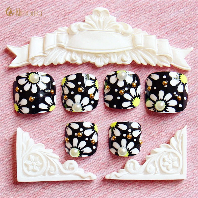 

24pcs/set Hot Sale Classical Style Flower False Toe Nails French Artificial Acrylic Fake Toenail Tips Design Full Oval Toe Nails