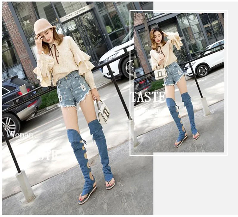 New Women's Summer Shoes Fashion Denim Knee High Women Gladiator Sandals Sexy Back Cross Tied High Top Flip Flops Beach Sandals (6)