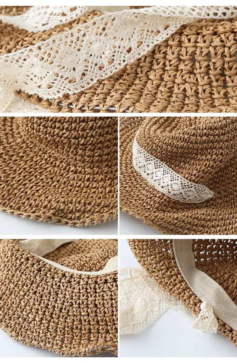 Fashion Women Lace Ribbon Bow Foldable Straw Hat Ladies Wide Brim Floppy Cap Summer Girls Travel Beach Boater Hats CP0262  (5)