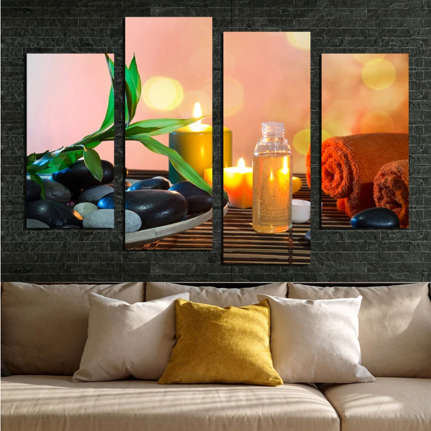 

4 Panels Wall Painting Leaf Candle Stone Scenery Modern Print Canvas For Wall Art Picture Home DecorPicture poster No Frame