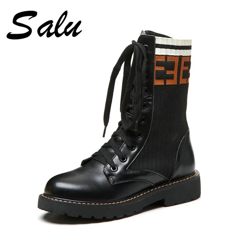 

Salu 2018 new Fashion Women Ankle Boots Flats Platforms Lace Up Retro Casual Shoes Woman Genuine Leather Round Toe Martin Boots