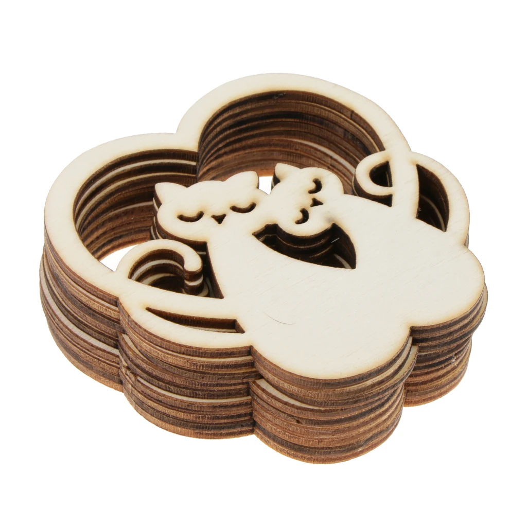 20PCS/Pack DIY Craft Wood Blank Cat Cute Pattern Embellishments Hanging Gift Tags Labels Ornament with String
