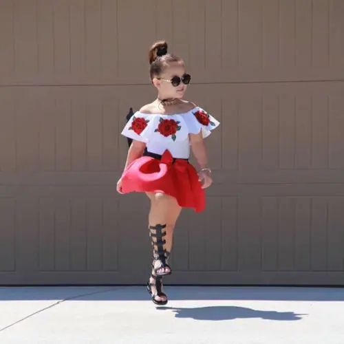 

Flower Toddler Kids Baby Girls Off Shoulder Top Shirt Skirt + Mini Skirt Clothes Outfit Set