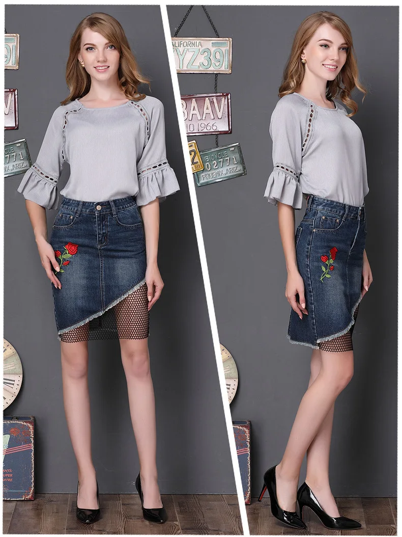 rose embroidered splicing denim skirt 2017 autumn fishing net package hip skirts large size needlework female skirts GL1050 (3)